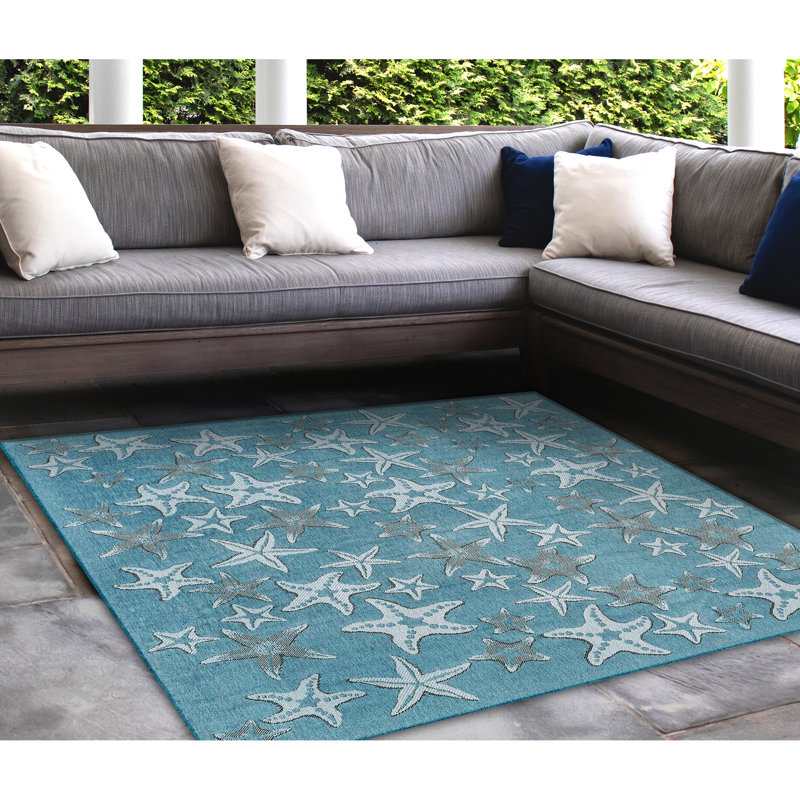 Highland Dunes Desantiago Starfish Aqua Indoor/Outdoor Area Rug